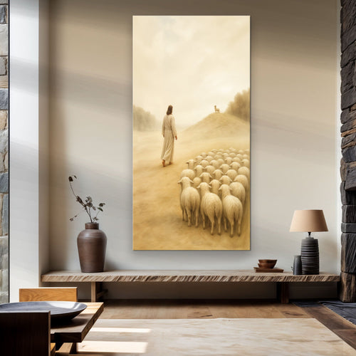 Shepherd and flock of sheep landscape canvas wall art mounted on a wall