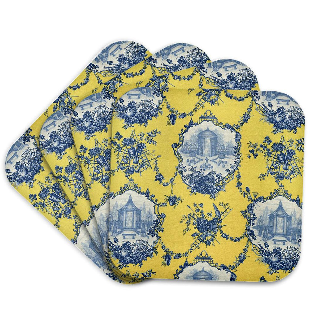 3dRose RinaPiro - French Toile - Garden French Toile. Yellow and Blue. Popular Toile Print. - Coasters (CST_218087)