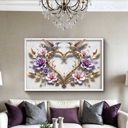 Framed hummingbird 3D wall art with purple and pink flowers, heart motif, gold accents