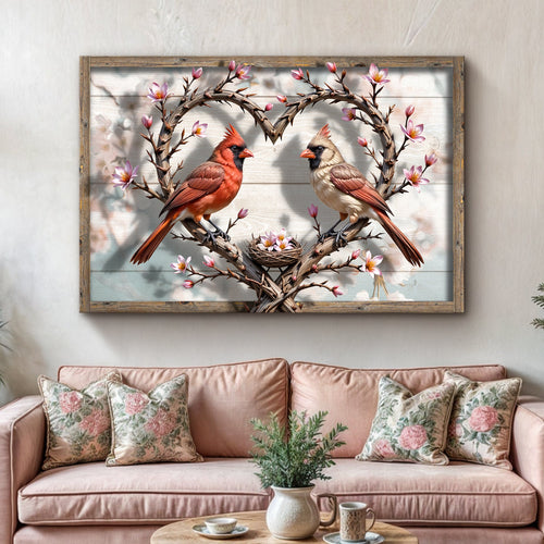 Cardinals wall art canvas: two birds on branch wreath with flowers, in dark frame