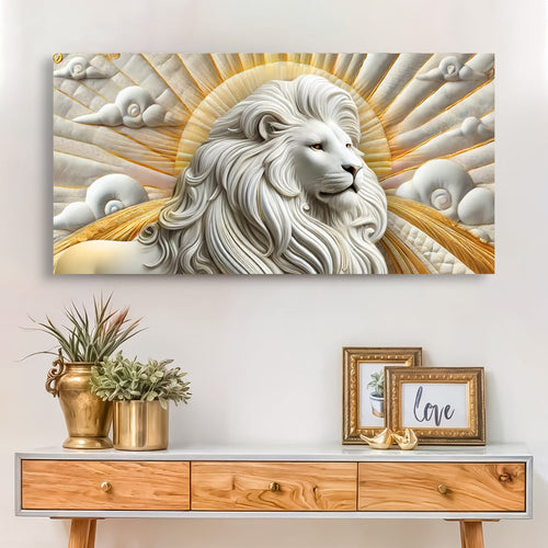 3D lion wall art canvas with white mane lion and golden sunburst rays