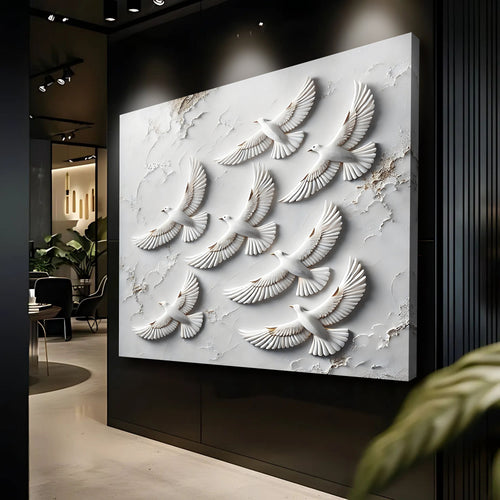 3D birds wall art with raised bird shapes on a white textured panel