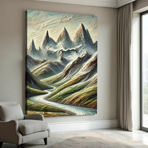 Abstract mountain and river landscape canvas wall art with layered blue-gray peaks