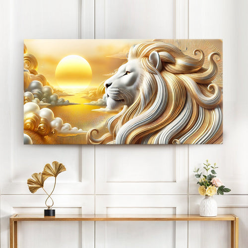 Lion wall art canvas with 3D gold-and-cream mane facing left over sunset clouds
