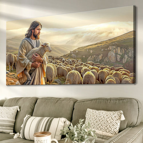 Landscape canvas wall art: shepherd holding a lamb with a flock of sheep