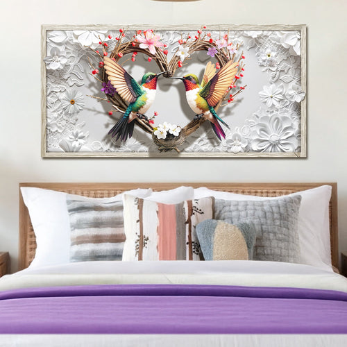 3D hummingbirds wall art in a silver frame with two colorful birds on a floral branch
