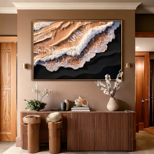 Framed ocean waves wall art featuring amber ridges, white foam texture, and black waves