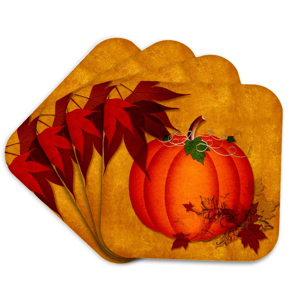 3dRose Doreen Erhardt Autumn Collection - Large Orange Pumpkin with Golden Grunge and Autumn Maple Leaves - Coasters (cst_240093)