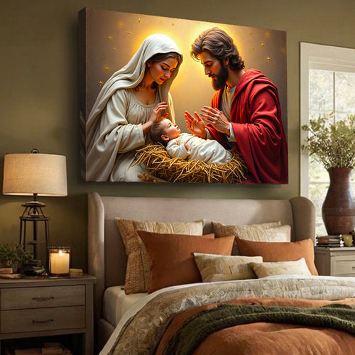 Faith wall art canvas showing Mary, Jesus, and baby in a manger scene.