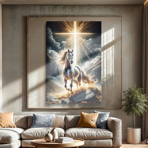 Framed horse faith wall art canvas showing a blue horse jumping through sunlit clouds