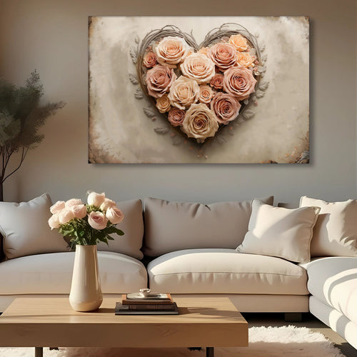 Floral heart wall art with raised blush and beige roses on textured canvas