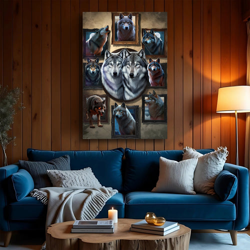 3D wolf collage wall art of husky wolves arranged in square photo-style panels
