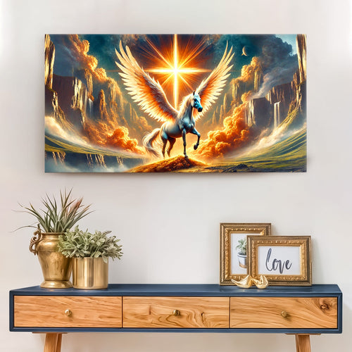 Landscape winged horse wall art canvas with glowing sun and clouds