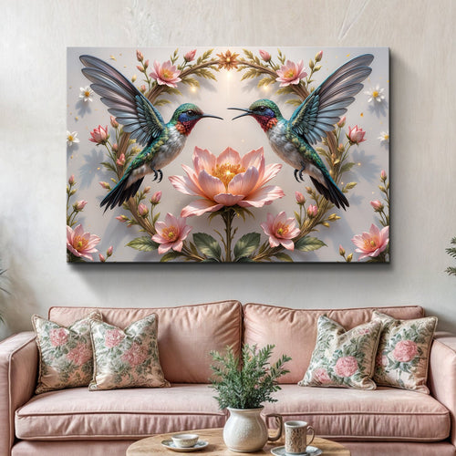 3D hummingbird wall art with two teal birds, pink flowers, and a central lotus bloom.