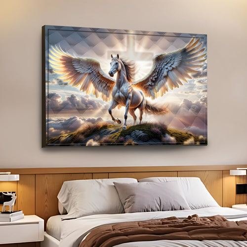 3D horse wall art with winged horse on cloudy landscape, framed canvas
