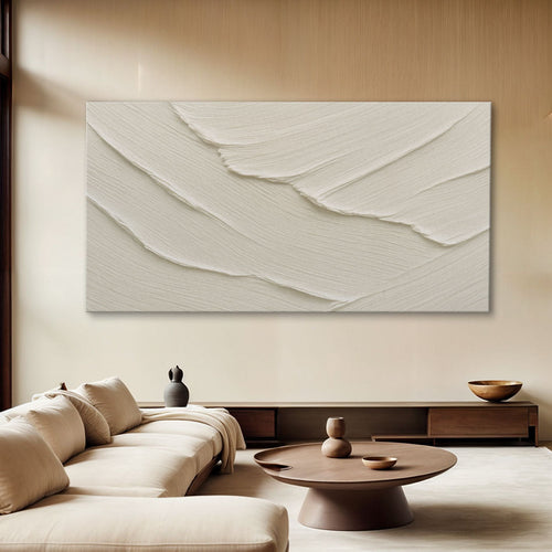 Minimalist wave wall art on a rectangle canvas with white textured relief lines