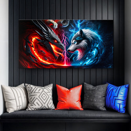 3D dragon and wolf wall art, split red and blue glowing faces