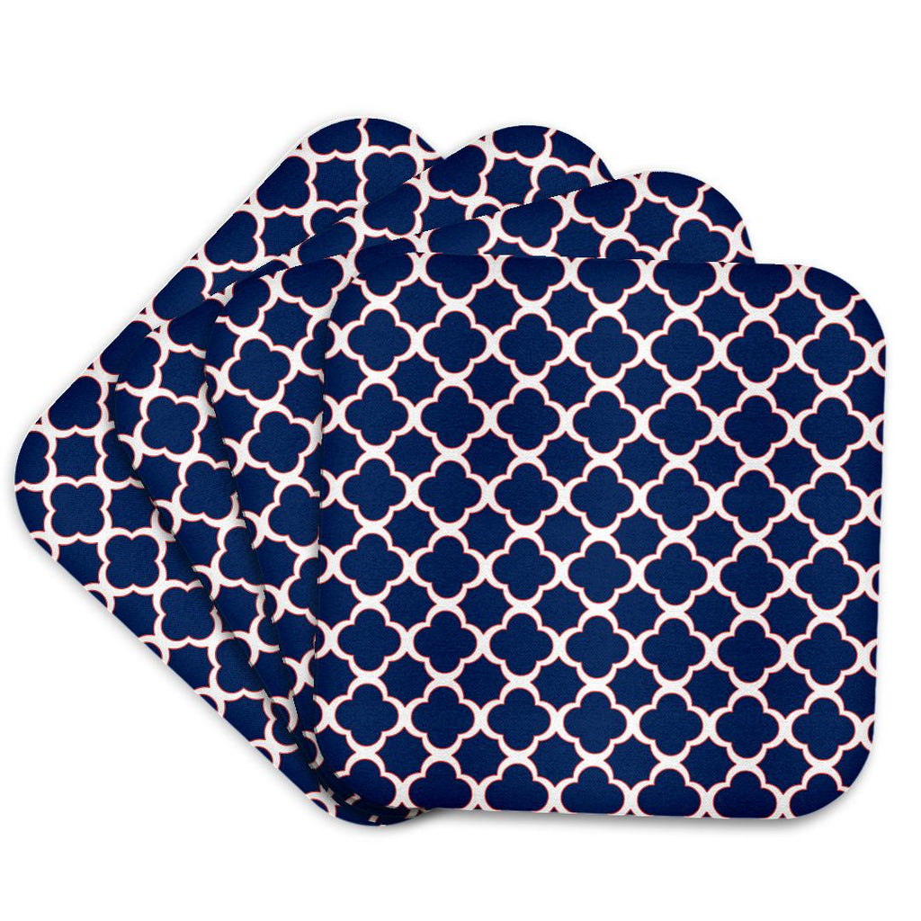 3dRose Janna Salak Designs Contemporary Patterns - Quatrefoil Pattern Navy Blue and White with Red Accent - Coasters (CST_165919)