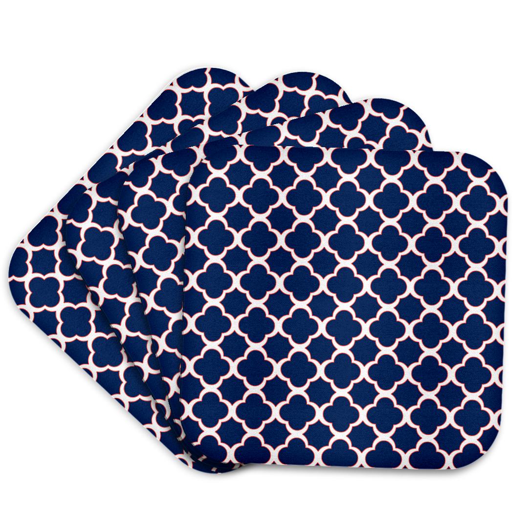3dRose Janna Salak Designs Contemporary Patterns - Quatrefoil Pattern Navy Blue and White with Red Accent - Coasters (CST_165919)