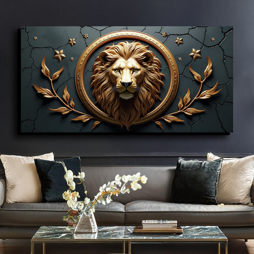 Lion wall art featuring a golden lion face in an oval frame with gold leaves and small accents
