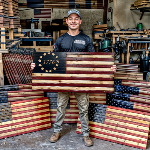Rustic 1776 American flag wall art canvas in a workshop, with stars and striped wood texture