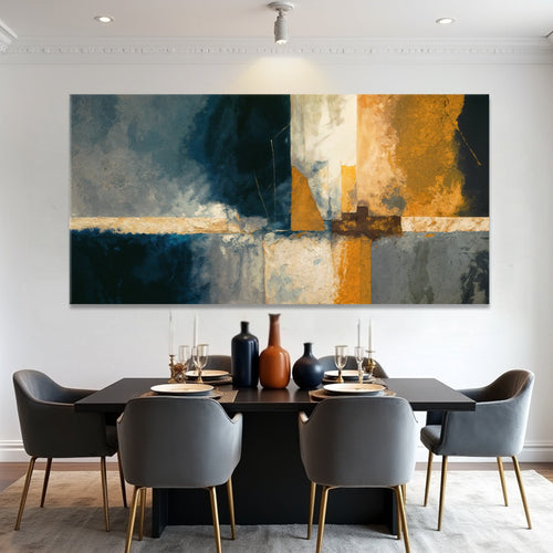 Abstract geometric wall art canvas with blue, cream, gold, and gray block sections