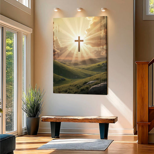 Wall sign with sunlit green hills and a gold cross