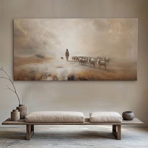 Landscape wall art canvas with misty desert scene and shepherd with sheep herd