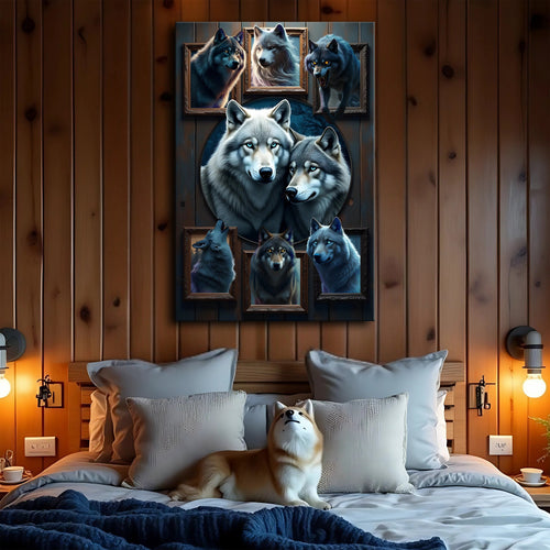 Framed wolf collage wall art with six gray wolves in rectangular panels