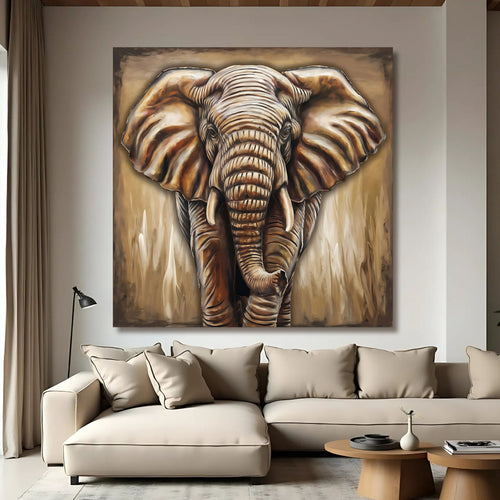 Elephant wall art canvas with detailed tusks and trunk, gold, tan, and gray