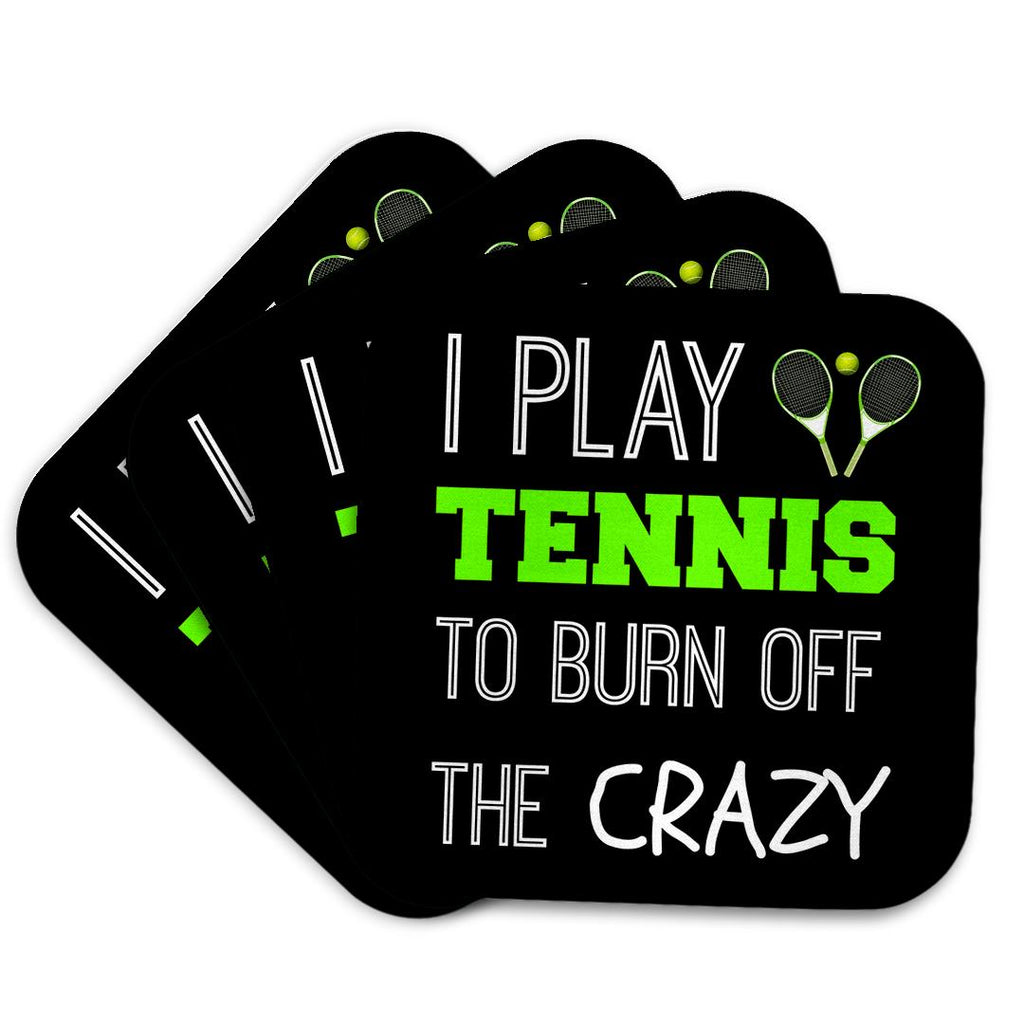 3dRose BrooklynMeme Sports - I play tennis to burn off the crazy on black background - Coasters (cst_221883)