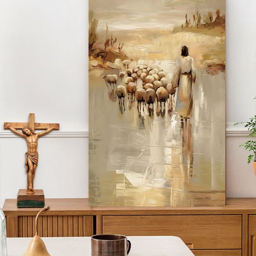 Faith wall art canvas with a robed figure and sheep flock in warm gold and cream tones