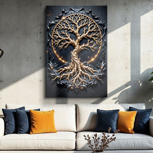 3D tree of life wall art panel with golden Celtic tree in a dark ring