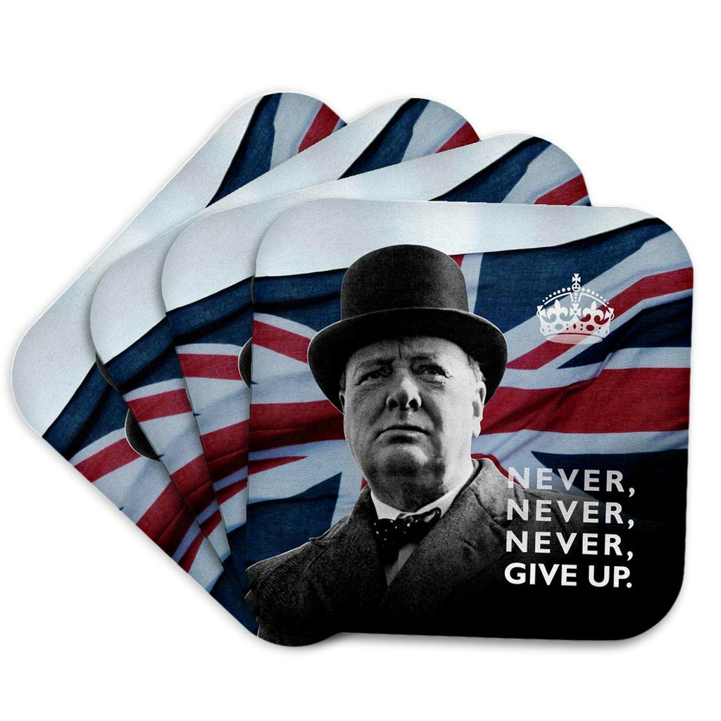 3dRose Russ Billington Designs - Winston Churchill- Never Give Up Quotation Over Union Jack Background - Coasters