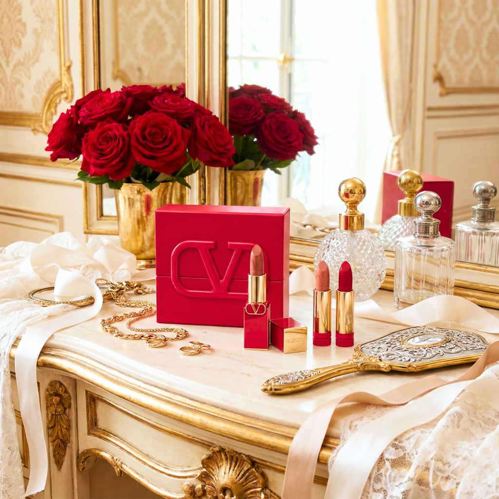 Lipstick set on vanity with red gift box and gold-capped lipsticks