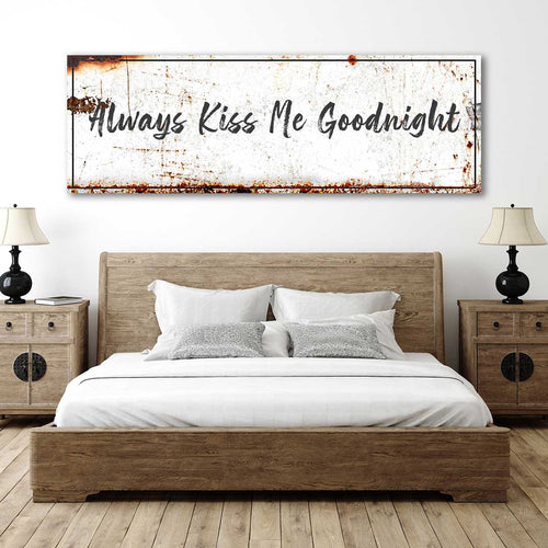 Rustic landscape canvas wall sign, 'Always Kiss Me Goodnight' in white script