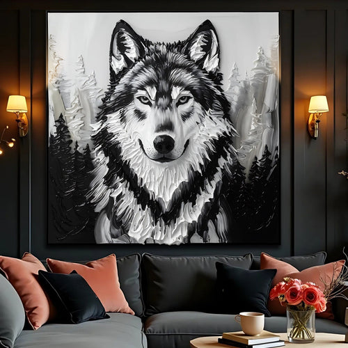 Framed black-and-white wolf wall art canvas with detailed fur and forest trees