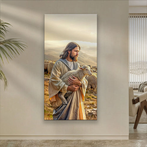 Landscape wall art print of a man in robes holding a lamb mounted on a wall