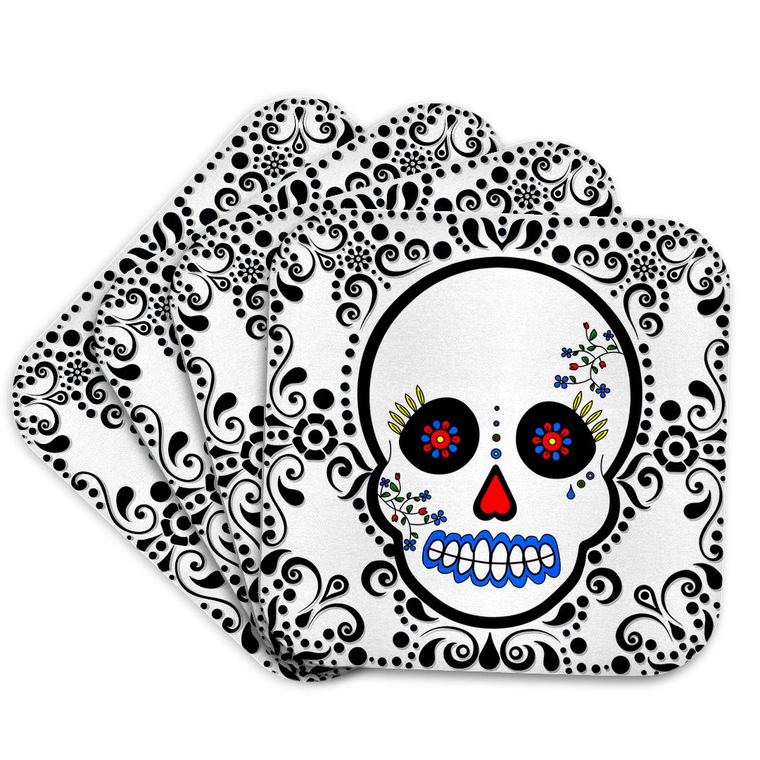 3dRose Janna Salak Designs Day of The Dead - Day of The Dead Skull Día de Los Muertos Sugar Skull Red Black Scroll Design - Coasters (CST_28865)