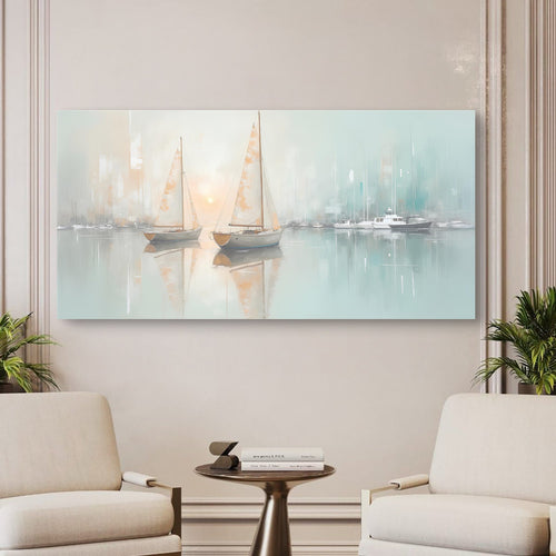 Abstract sailboat wall art with pale teal water and cream reflections, mounted on wall