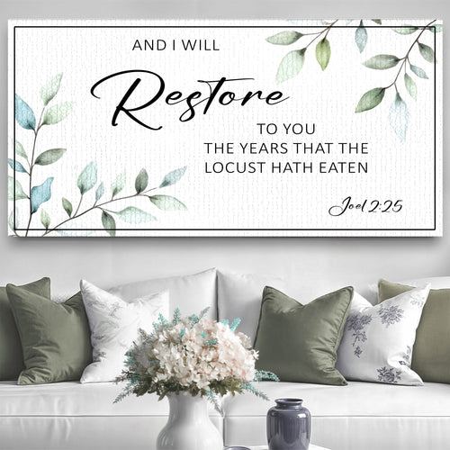 Floral scripture canvas wall sign, “Restore” script and verse text, green leaf border
