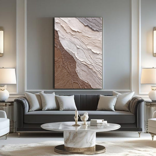 Abstract textured wall art canvas with white and brown wavy relief design in a frame