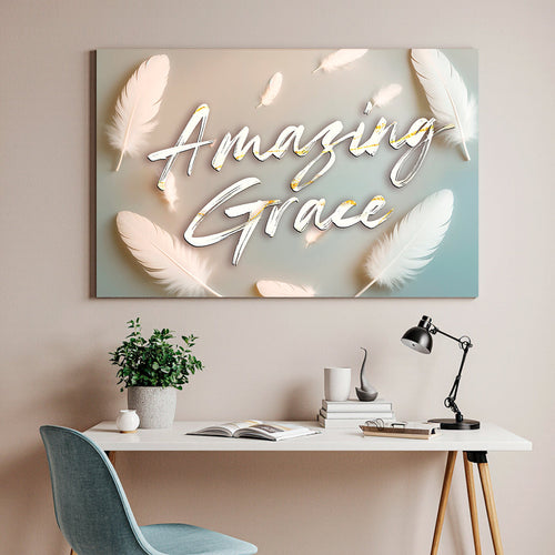 Amazing Grace wall sign with feather wreath and glowing white cursive lettering