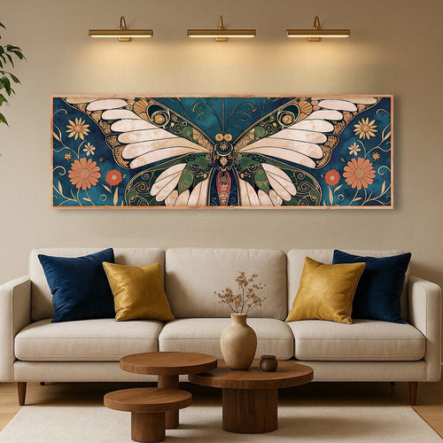 Framed butterfly wall art with teal, orange, and white wings in ornate pattern