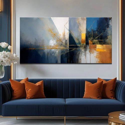 Abstract geometric wall art canvas with blue, white, and gold lines and blocks