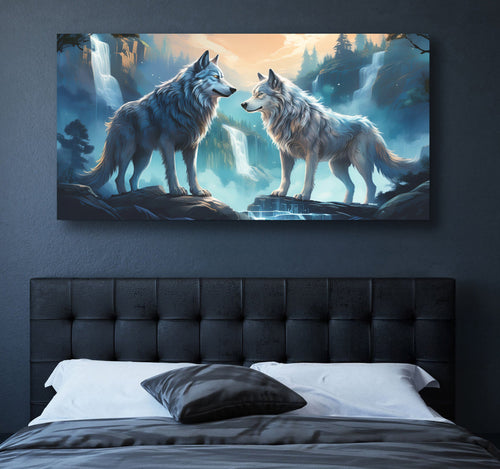 3D wolves wall art canvas with two blue wolves facing each other on a scenic background