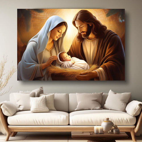 Landscape canvas wall art showing two robed figures holding a swaddled baby
