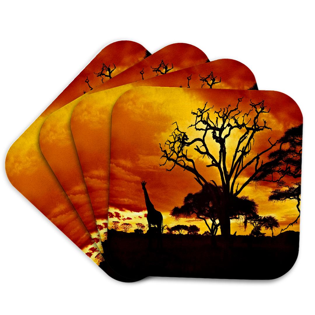3dRose Island Swag Designs Africa - African Giraffe on African Plains at Sunset, Animal Safari Africa - Coasters (cst_173293)