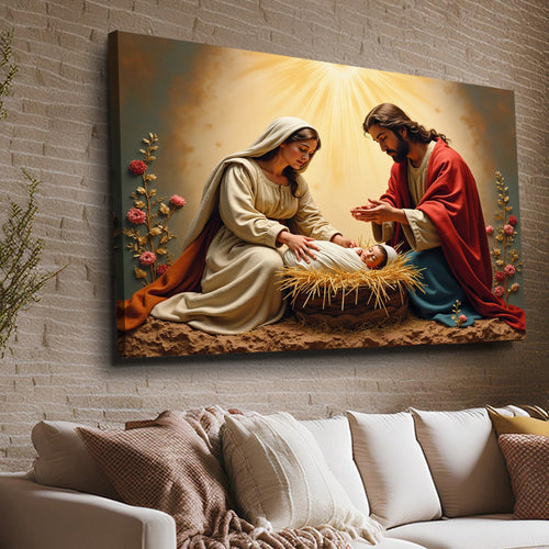 3D faith wall art featuring a nativity scene with Mary, Joseph, baby, and glowing rays