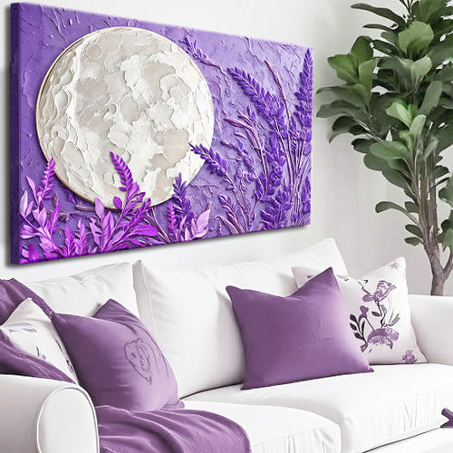 3D moon wall art canvas with white globe and purple lavender flowers